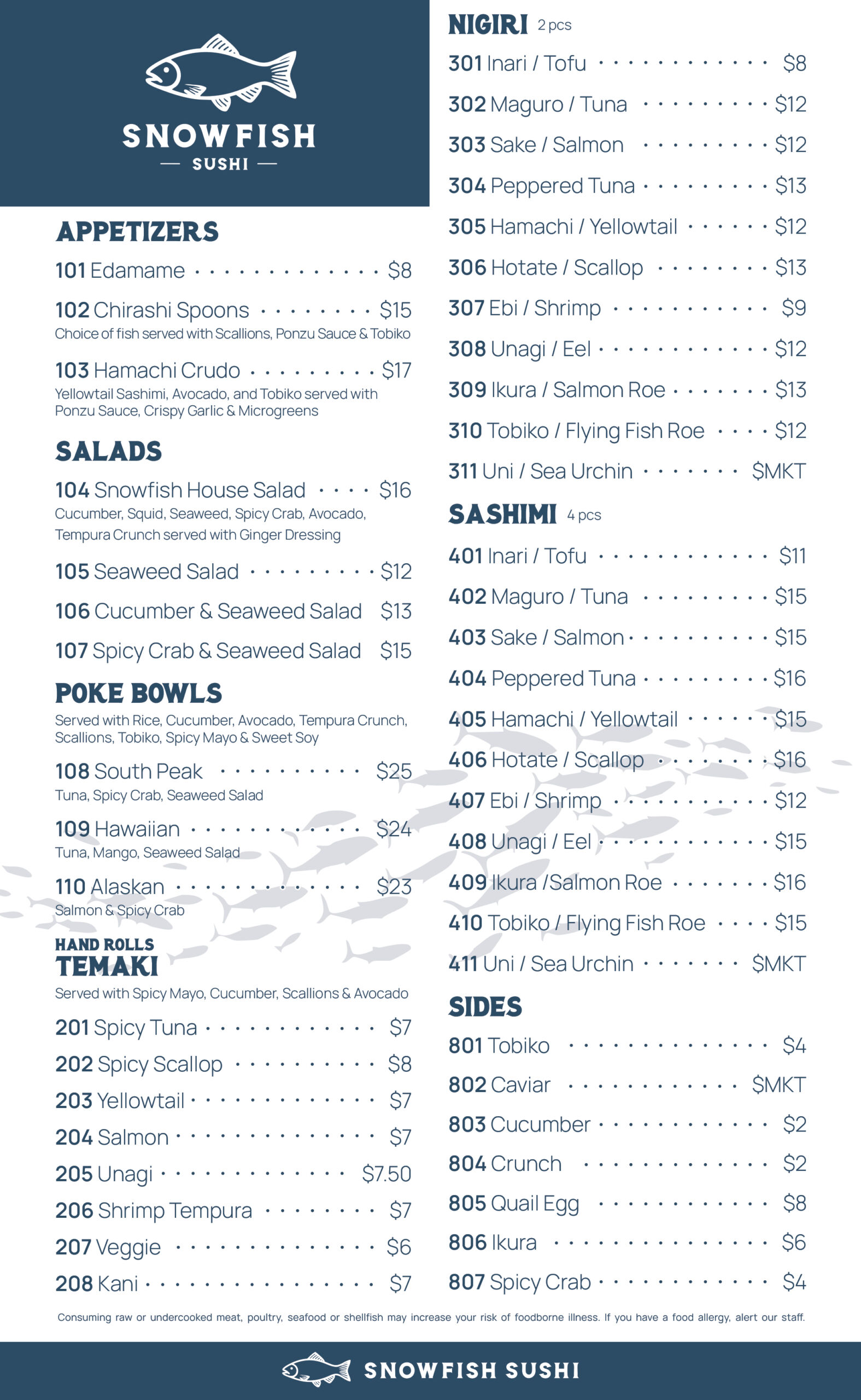 Snowfish Menu